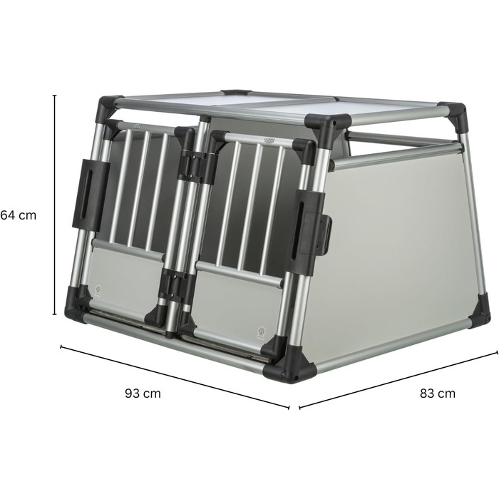 Трійзі Двомісна переносна клітка для собак з алюмінію – переноска для двох собак до 50 кг, 93 × 64 × 83 см, з висувною перегородкою, надійний замок, неслизький килимок – 39345 срібна L 93 x B 83 x H 64 см Двомісна переноска