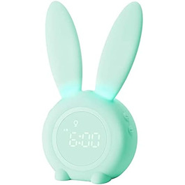 Gentle Light Alarm Clock Bunny Clock Children's Alarm Clock Rabbit Alarm Clock Wake Up Light Creative Lamp Bedside Lamp Night Light, Snooze Function, 6 Sound Options, Timed Night Light Green