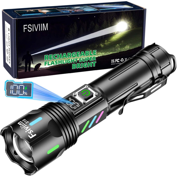 Ліхтарик LED акумуляторний, 500 000 люмен, тактичний, з регулюванням фокусу, 5 режимів, для кемпінгу, матовий чорний