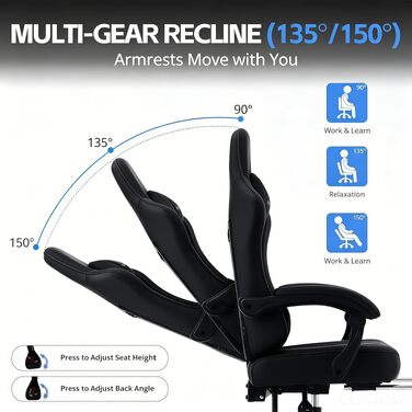 Ігрове крісло Ergonomic Gaming Chair з підніжкою, подушками під шию та поперек, 2D-підлокітниками, регулюванням висоти та поворотом на 360°, чорне