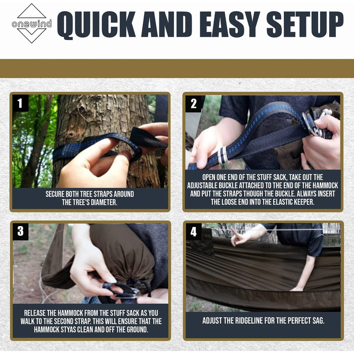 Onewind Premium 11' Camping Zippered Hammock, Single Portable Hammock with Mosquito Net and Tree Straps for Travel, Camping, Backpacking, and Hiking… (Braun, 335cm*162cm)
