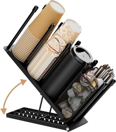 Ovicar Cup and Lid Holder – Adjustable Coffee Cup Holder, Organizer, 4 Compartments, Disposable Cup Dispenser with Coffee Capsule Straws, Storage Basket for Coffee Station, Bar, Countertop