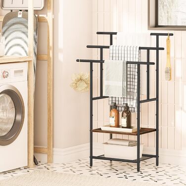 HOOBRO Стійка для рушників з 3 перекладинами, 2 полиці, для ванної кімнати, коричнево-чорна