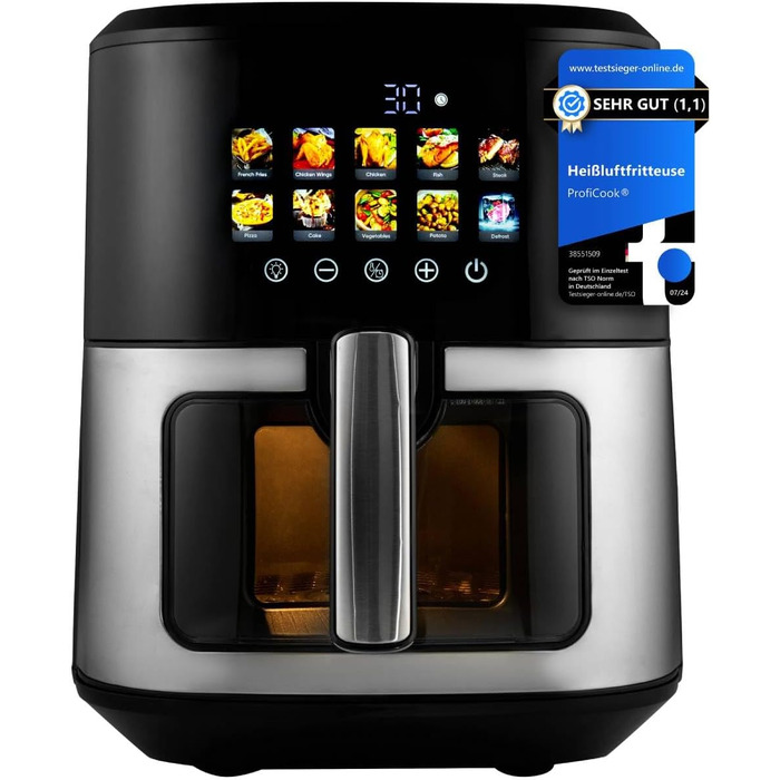 Аерофритюрниця ProfiCook 6,5 л, без олії, 9 програм, 1700 Вт, сенсорний дисплей, нержавіюча сталь, XXL, модель 2024