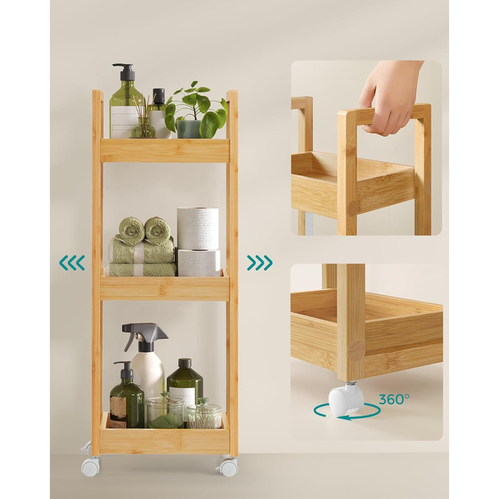 SONGMICS Rolling Cart, Bathroom Shelf, 3-Tier Bathroom Organizer, Bamboo Nook Shelf, Narrow Shelf, Rolling Utility Cart, Space-Saving, 20 x 30 x 80 cm, White BCB083W01 (Natural Beige)