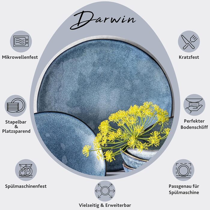 Сервіз тарілок Sänger Darwin 4 шт. для 4 осіб, сучасний синій столовий посуд зі штучного каменю, ручна робота, преміум колекція