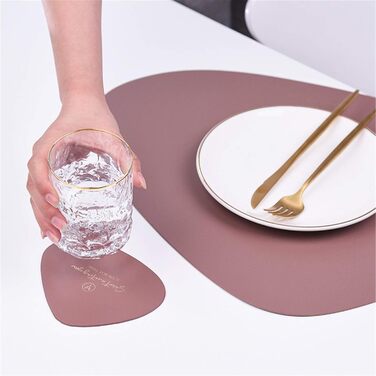 Set of 4/Set of 6 Placemats and Coasters, Triangle Oval Leather Table Sets, Water Droplet Wipeable Table Mat, Waterproof, Oil-Resistant, Non-Slip, Heat-Resistant Placemats (Beige, 6)
