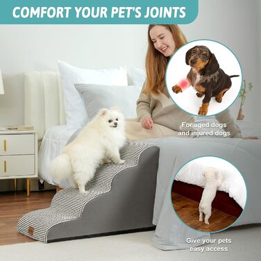 Dog Stairs for Small Dogs 50cm, Pet Stairs for Bed made of High-Density Sponge, Dog Stairs Dog Ramp with Washable Cover and Non-Slip Bottom, 40x72x50cm, 4 Steps, (White/Black, 4 Steps (40x72x50cm))