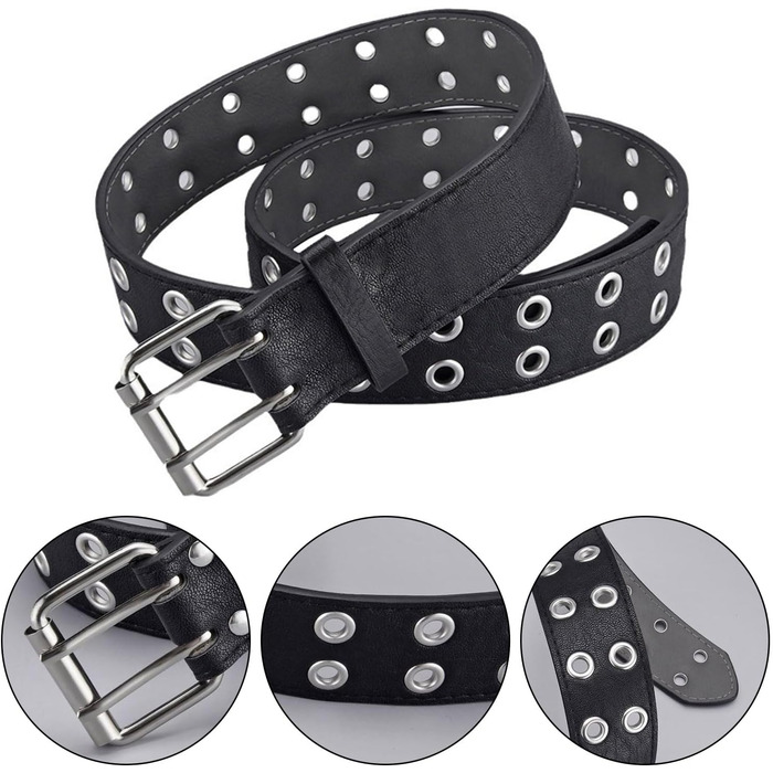 Двокольоровий ремінь з двома отворами, шкіряний ремінь для джинсів у стилі панк, хіп-хоп, косплей, для джинсів, штанів, готичного стилю, рок-одягу, для жінок та чоловіків, чорний, білий