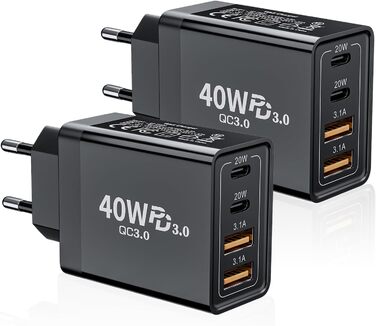 Подвійний зарядний пристрій USB-C 40W з 4 портами (USB-C та USB-A), PD 3.0, для iPhone, Samsung, iPad, Tablet, 2 шт., чорний