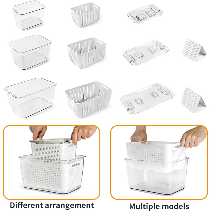 Freshness Food Storage Containers Set Refrigerator Organizer Reusable Storage Containers 3-Piece Set (0.5L+1.7L+4.5L) Plastic Refrigerator Organizer Set with Lid and Strainer (White, 3-Piece Set)