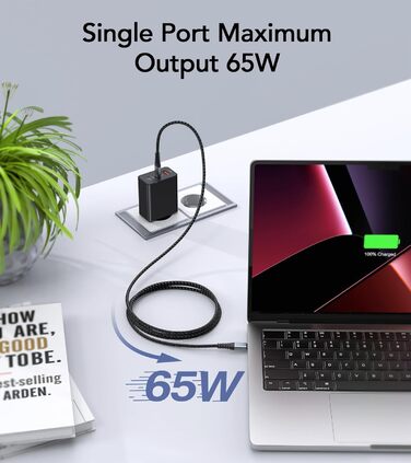 Зарядний пристрій USB-C 65W з 3 портами, чорний. Швидка зарядка для MacBook, iPhone, Switch, Galaxy, Tablet, Laptop