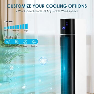 Турбовентилятор 104 см з дистанційним керуванням та водяним охолодженням, 4 в 1: охолодження, зволоження, очищення повітря. Обертання 50°, таймер 12 годин, тихий, для спальні, вітальні, білий