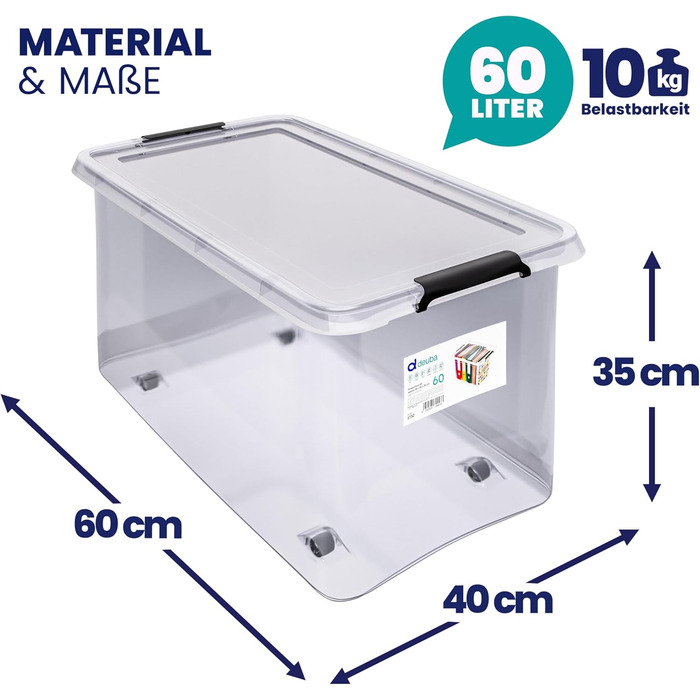 Deuba® Storage Boxes 6 x 60L with Lid and Wheels, Stackable, Transparent BPA-Free Plastic, Click Closure, RB60 for Office, Garage, Laundry Room