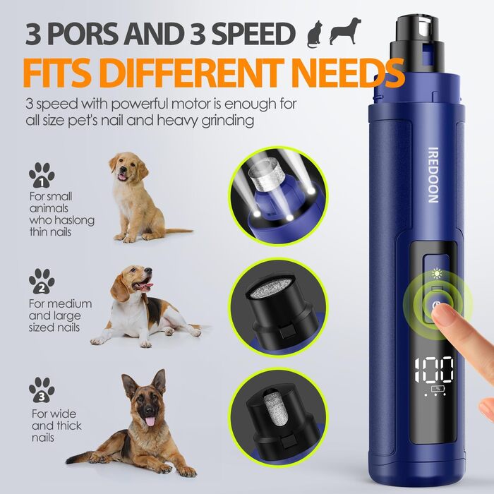 Шліфувальник кігтів для собак Profi Krallenschleifer 3-Gang з LED-підсвіткою та індикатором потужності. Тихий, перезаряджуваний, для собак великих, середніх та малих порід. Колір: темно-зелений (блакитний)