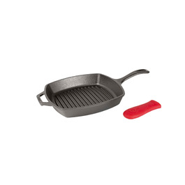 Чавунна гриль-сковорода Lodge L8SGP3ASHH41B з червоною силіконовою ручкою, попередньо оброблена, 26.7 см
