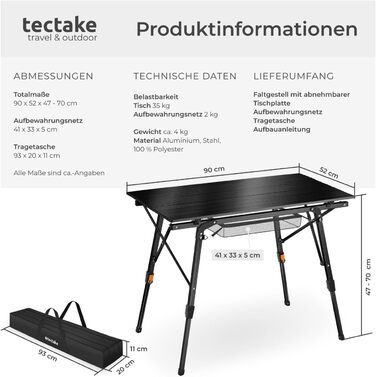 Стіл для кемпінгу Tectake®: розкладний, легкий, з Алюмінію, 90x52 см, чорний
