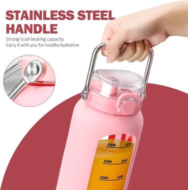 BLUEGO 2000ml Glass Water Bottle with Stainless Steel Handle and Time Marker 2L Motivation Glass Dryer with Silicone Sleeve and Straw for Gym, Office, Outdoors, Sports Water Bottles BPA-free, (Pink)