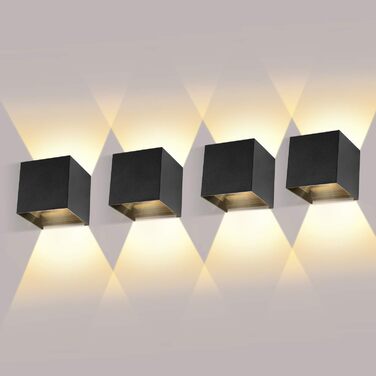 4 шт. LED настінні світильники для внутрішнього та зовнішнього використання, регульований світловий промінь, 12W, тепле біле світло, IP65, вологостійкі, чорний колір