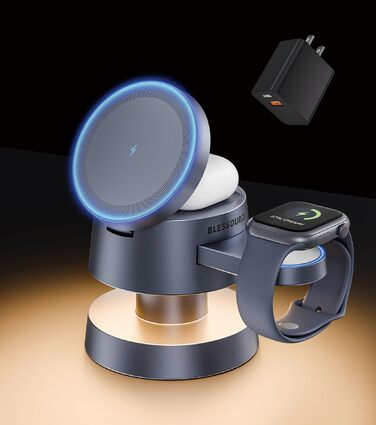 База для зарядки 4-в-1 для iPhone 17/16/15/14 Pro Max, бездротовий зарядний стан з нічним світлом, сумісний з Apple Watch та AirPods (сірий, 20W)