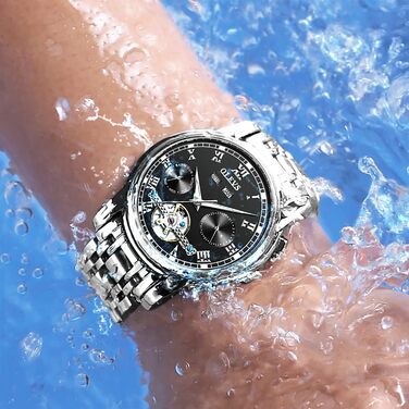 Годинник чоловічий OLEVS автоматичний золотий чорний механічний на зап'ястя з турбійоном, календарем, водонепроникний, світлодіодна, двоколірна модель для чоловіків (срібло/чорний)