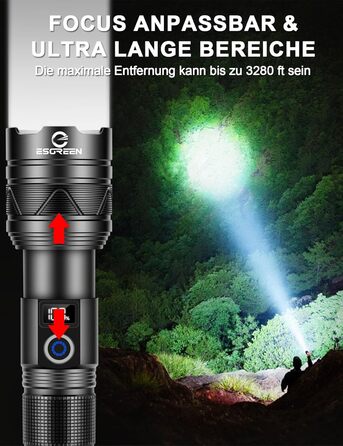 LED ліхтарик Esgreen 500000 люменів - тактичний, потужний, з USB-C, зумом, 5 режимів, для кемпінгу та безпеки