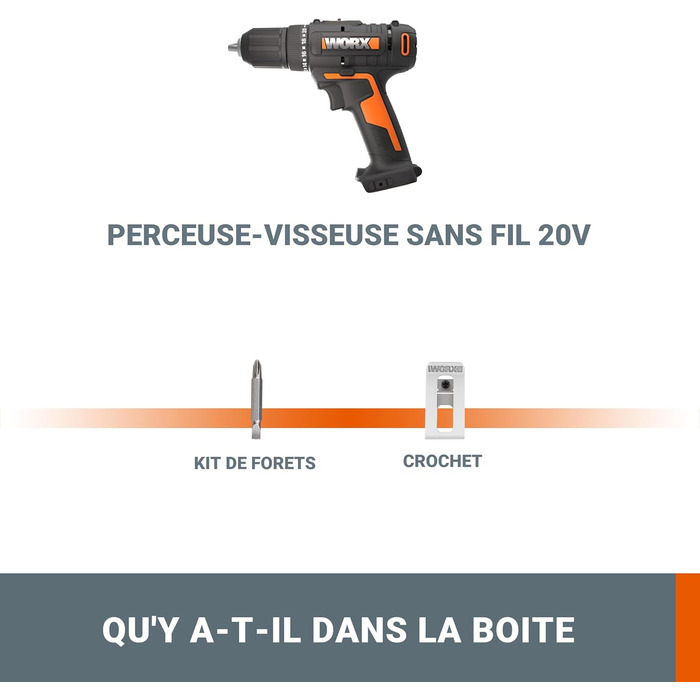 WORX WX108 акумуляторний дриль-шуруповерт 20V – універсальний інструмент для свердління та закручування – 2-ступінчастий діапазон швидкості та 20+1 налаштування крутного моменту до 45Nm – з патроном 13 мм, 40Nm, без акумулятора та зарядного пристрою