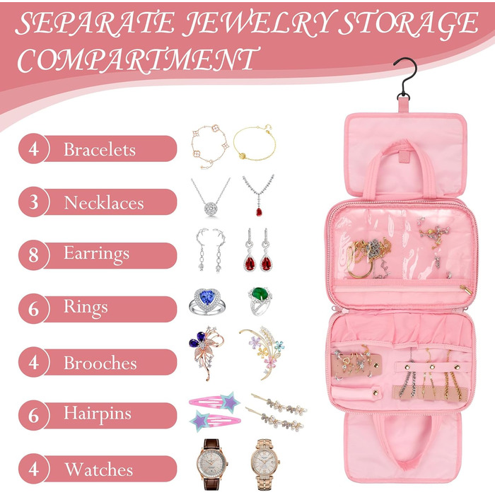 Кришталево-рожева дорожня косметичка для жінок з організатором для прикрас та гачком, водонепроникна, з кількома відділеннями