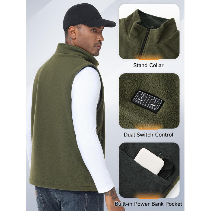 Обогріваючий жилет для чоловіків з акумулятором 10000mAh, 6 зон нагріву, USB, мікрофліс, регулювання температури, чорний (M)