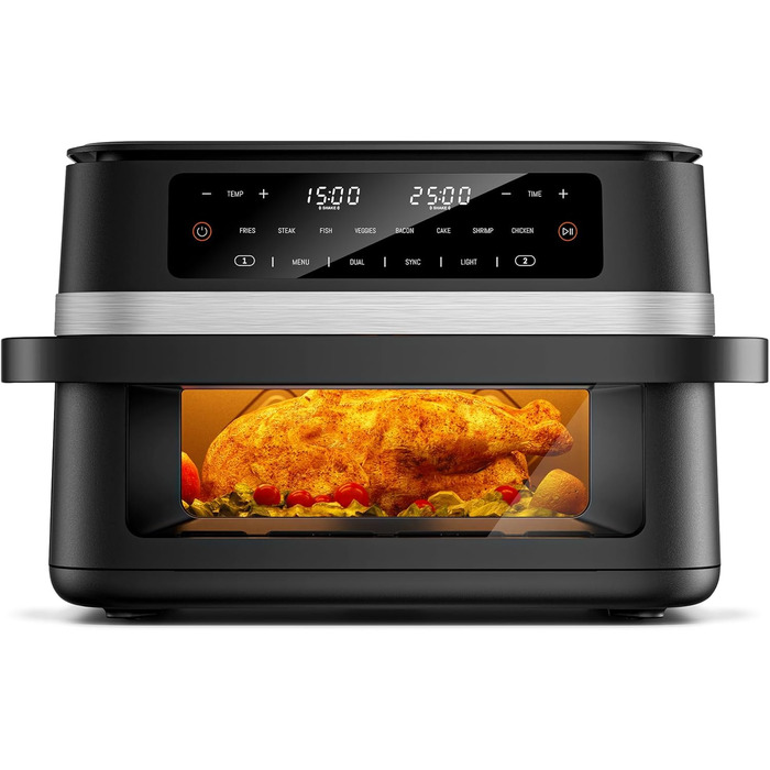 Електрична фритюрниця без олії, 12L, з подвійним відсіком, сенсорний екран, 10 програм, чорна