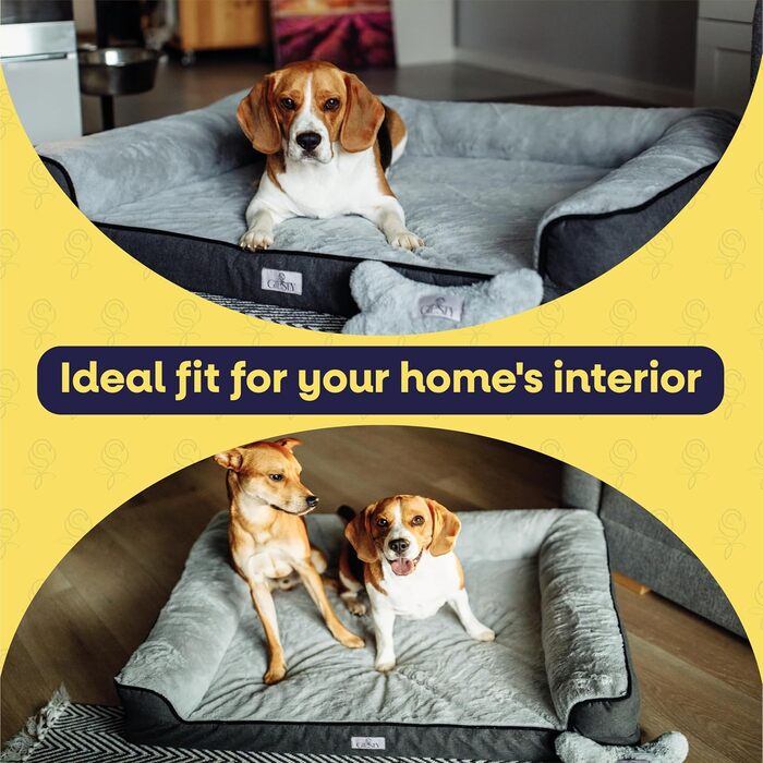 Ортопедичне ліжко для собак великих порід, диванчик для собак з високим бортиком, ліжко для домашніх тварин, собаче ліжко-софа, бавовняне льон та штучне хутро (Сірий, L(90 * 68 * 20 см))