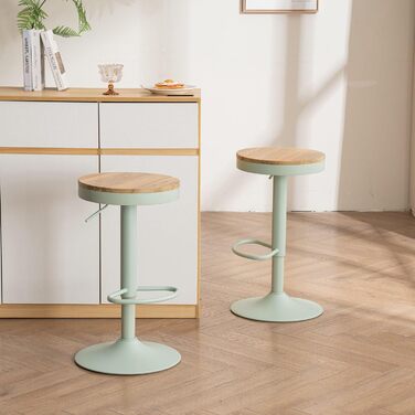 YOUNIKE Adjustable Bar Stools Set of 2 - Wooden Swivel Bar Height Stools with Footrest for Kitchen & Bar - Vintage Green