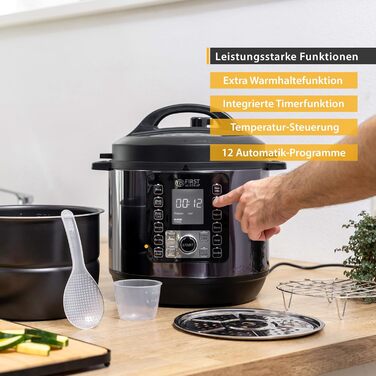 TZS First Austria Electric Pressure Cooker 6L | Multi-Cooker | 12 Programs Pressure Cooker | Rice Cooker | Steamer with Keep Warm Function, Grey-Black Stainless Steel Grey/Black