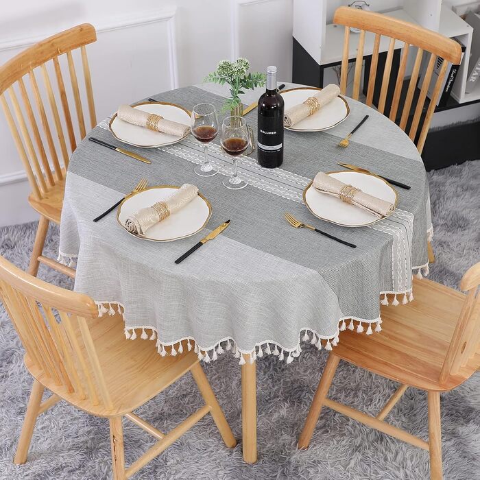 SUCHDECO Linen Tablecloth Round 140 cm Washable Cotton Tablecloth Wrinkle-Free Dustproof with Tassels Strip Embroidery for Kitchen, Dining Room, Dining Table, Coffee Table, Garden Table, Grey