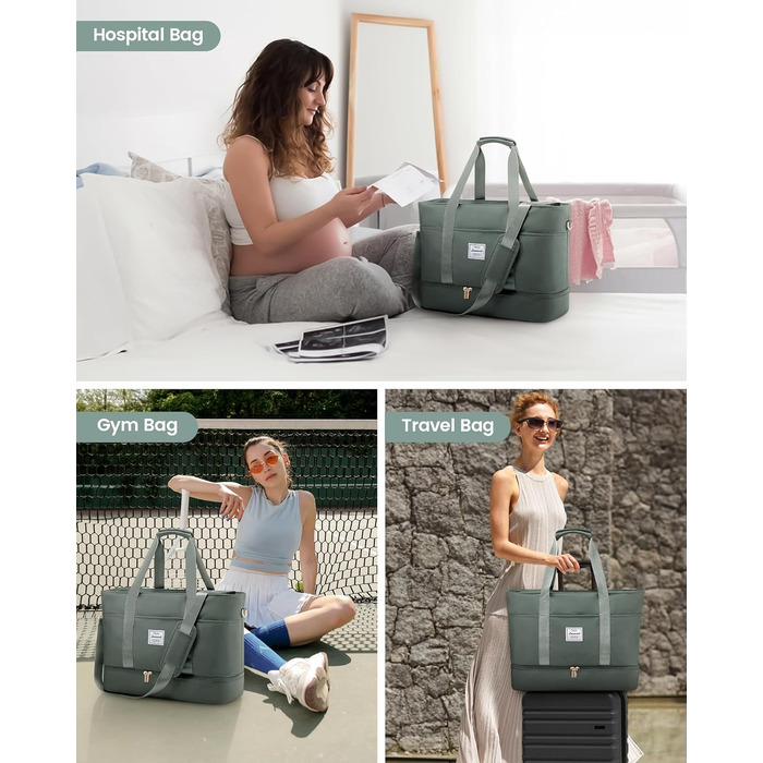 Сумка-трансформер LOVEVOOK для жінок: водонепроникна дорожня сумка, містка для подорожей, з відділенням для взуття, ідеальна для пологового будинку, ручної поклажі, сауни, спортзалу, 52L, сіра