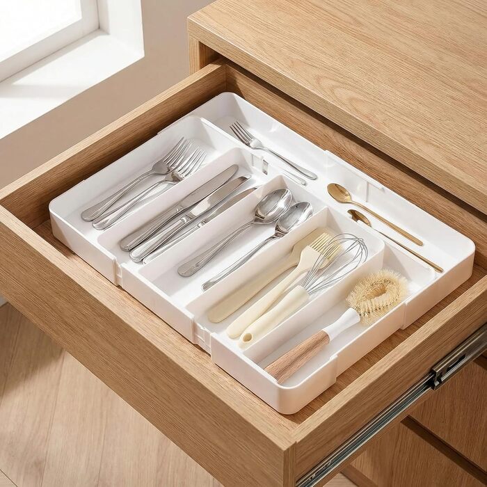 Органайзер для столових приборів в шухляду, розсувний роздільник для кухні, білий