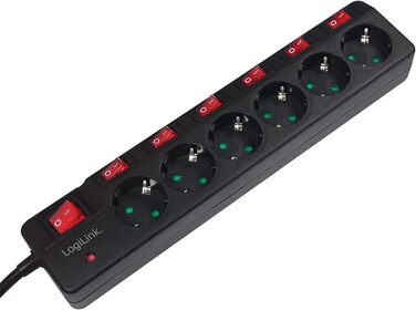 Смуга живлення LogiLink LPS233 6-fach з вимикачами та захистом від перенапруги (Schutzkontakt) - CEE 7/3, з дитячим замком, чорна
