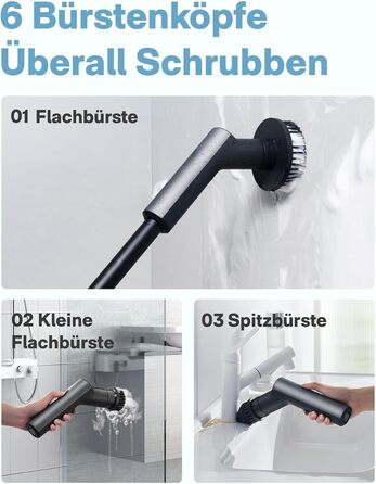 HOTO Electric Cleaning Brush with Extension Handle, IPX7 Waterproof, 6 Replaceable Brush Heads – For Floors, Tiles, Glass, and Toilets – Ideal for Bathroom, Kitchen, and Car (Dark Grey)
