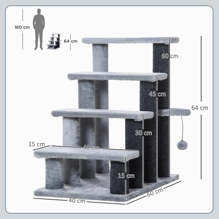 PawHut 4-Step Pet Stairs with Scratching Posts, Ball, Dog Stairs, Animal Stairs for Cats up to 5 kg, Plush Jute Grey, 60 x 40 x 64 cm