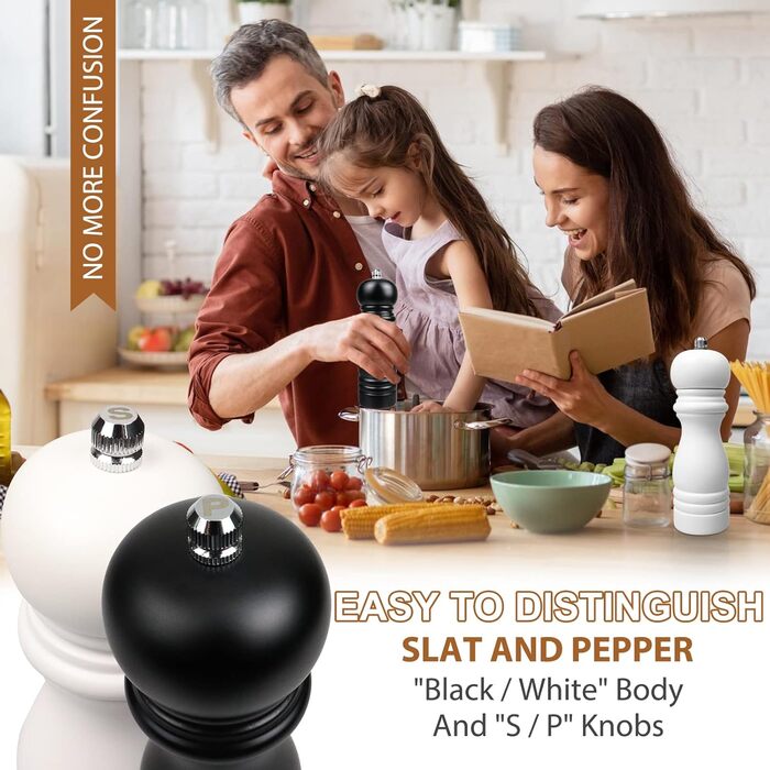Набір з 2 мельниць для солі та перцю (соль, перець, чилі) - ручні, дерев'яні, з регулюванням помелу, класичний дизайн, чорний та білий