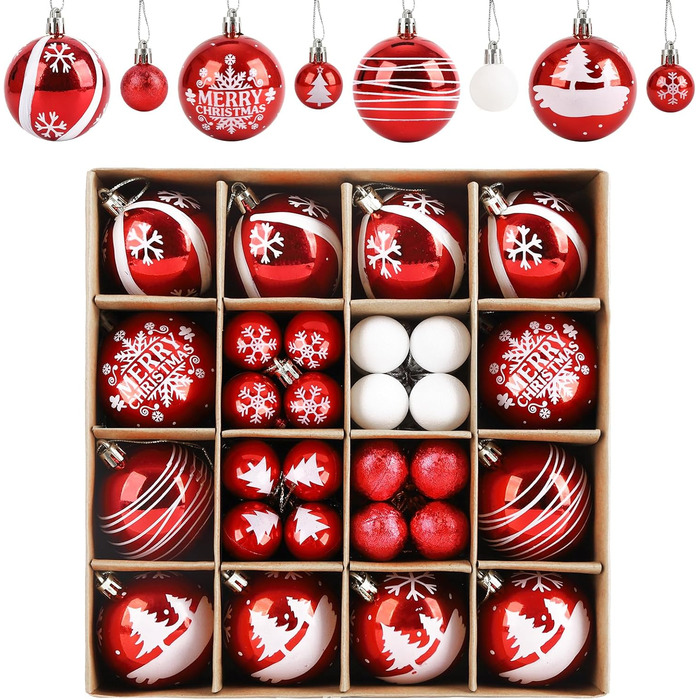 Ялинкові кулі Ilauke, 44 шт. Пластикові кулі червоно-білі, 3 та 6 см. Декорації для ялинки, прикраси на свята, для дому, вечірки, весілля, Різдво.