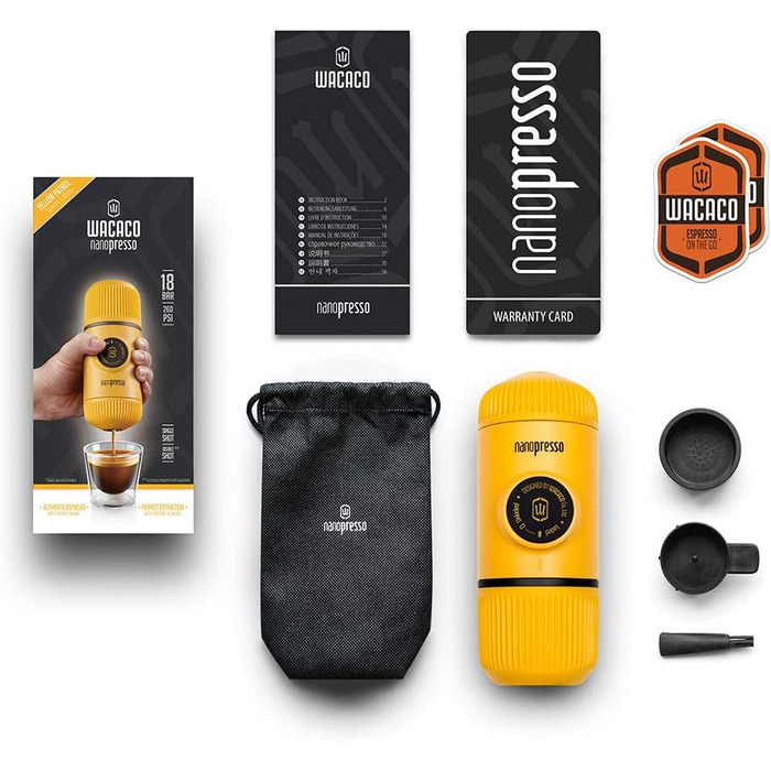 WACACO Nanopresso Portable Espresso Machine, Upgrade Version of Minipresso, 18 Bar Pressure, Small Travel Coffee Machine, Without Protective Case, Manual Operation, for Camping and Hiking, (Yellow)