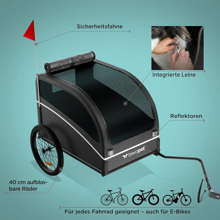 Фартоваж для собак на велосипед – складаний, до 40 кг, з відбивачами, водовідштовхувальний, сумісний з електровелосипедами, чорний