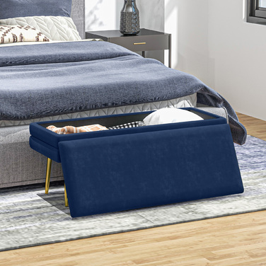 HOMCOM Bench, Upholstered Bench with Storage, Velvet-Look, Bed Bench with Steel Legs, Shoe Bench, Storage Bench for Living Room, Bedroom, Blue, 79.5 x 37.5 x 43 cm | Aosom
