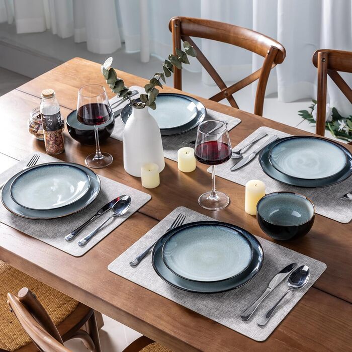 Набір посуду LeRatio для 8 осіб: 24-елементний набір посуду з кераміки з реактивною глазур'ю, стійкий до подряпин, набір тарілок та мисок, придатний для миття в посудомийній машині та використання в мікрохвильовій печі (Ozeanblau, 18 частин)