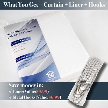 Штора для душу N&Y HOME з вафельної тканини з підкладкою та гачками, 180x183 см, біла - Готельний стиль, водонепроникна, важка тканина