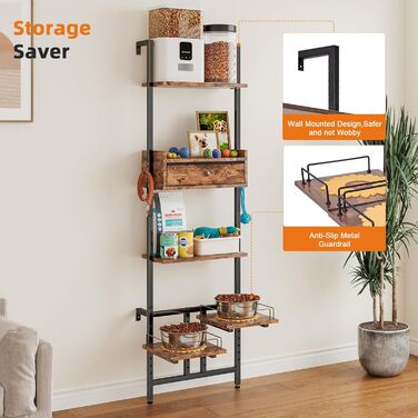 Підвищена годівниця для собак з місцем для зберігання та двома антиковзними килимками, для великих собак, регульована висота, настінний монтаж, колір вінтажний коричневий