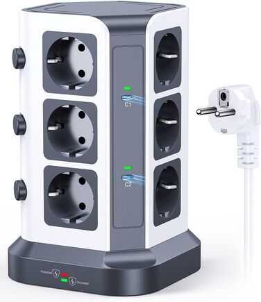 Блок розеток KOOSLA з USB-C, 12 розеток, 3680W/16A, захист від перенапруги (1500J), індивідуальне вмикання, сірий колір, 5м кабель, 65W PD USB-C, 2м