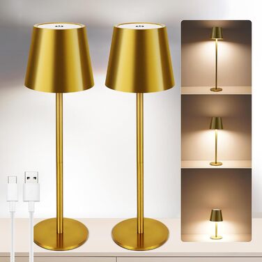 Світлодіодний настільний світильник бездротовий з сенсорним керуванням, USB-C, димування, акумулятор, 3 режими кольору, регульована висота, IP54 водонепроникний для ресторану, спальні, бару, вулиці (Золотий)