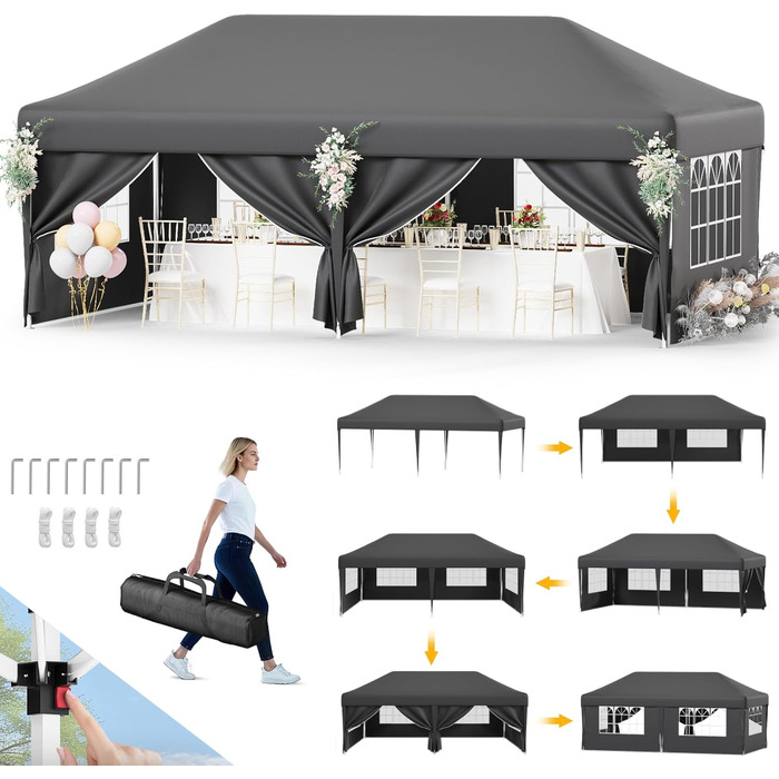 Devoko Gazebo, 2x2 Meter Waterproof, Stable, Winter-Proof Gazebo with 3 Height Adjustments, Foldable Gazebo with UV Protection 50+, Folding Tent, Gazebo with Carry Bag, For Garden, Outdoor, Camping, (3x6m, 6 Side Walls, Grey)